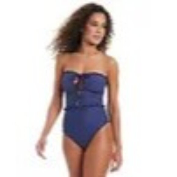 New Women's Wave Solids Tie-Front Bandeau One-Piece Swimsuit Smocked Gold Sz XL - Picture 2 of 8